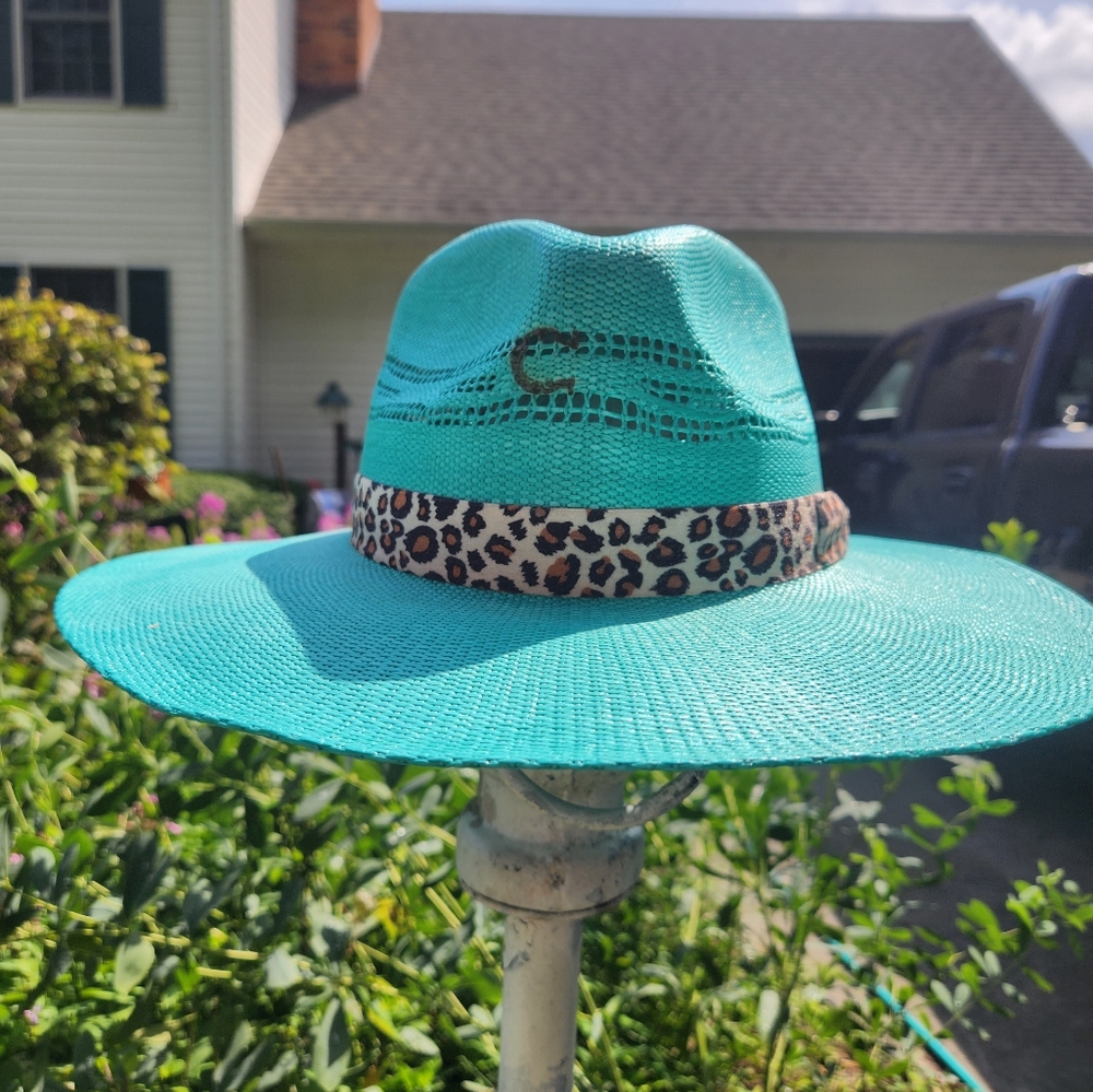 XL Charlie 1 Horse | Right Meow Straw Stiff Brim Hat with Leopard Band in Turquo